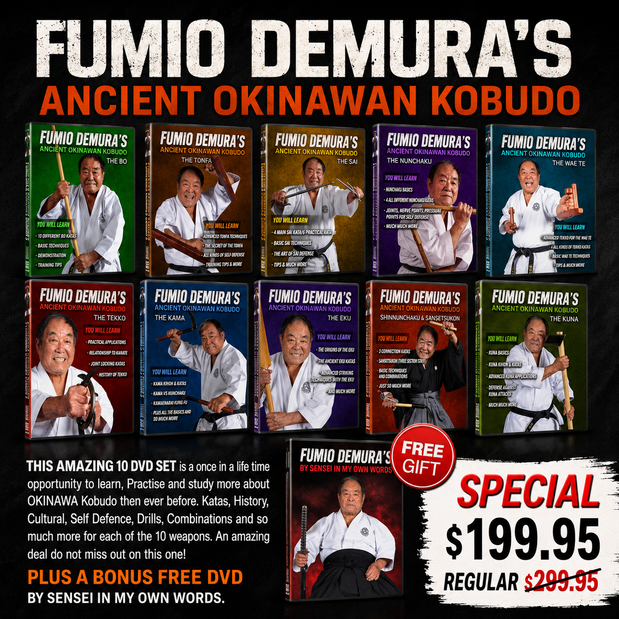 Fumio Demura's Ancient Okinawan Kobudo 10 DVD Set + Bonus Disc
