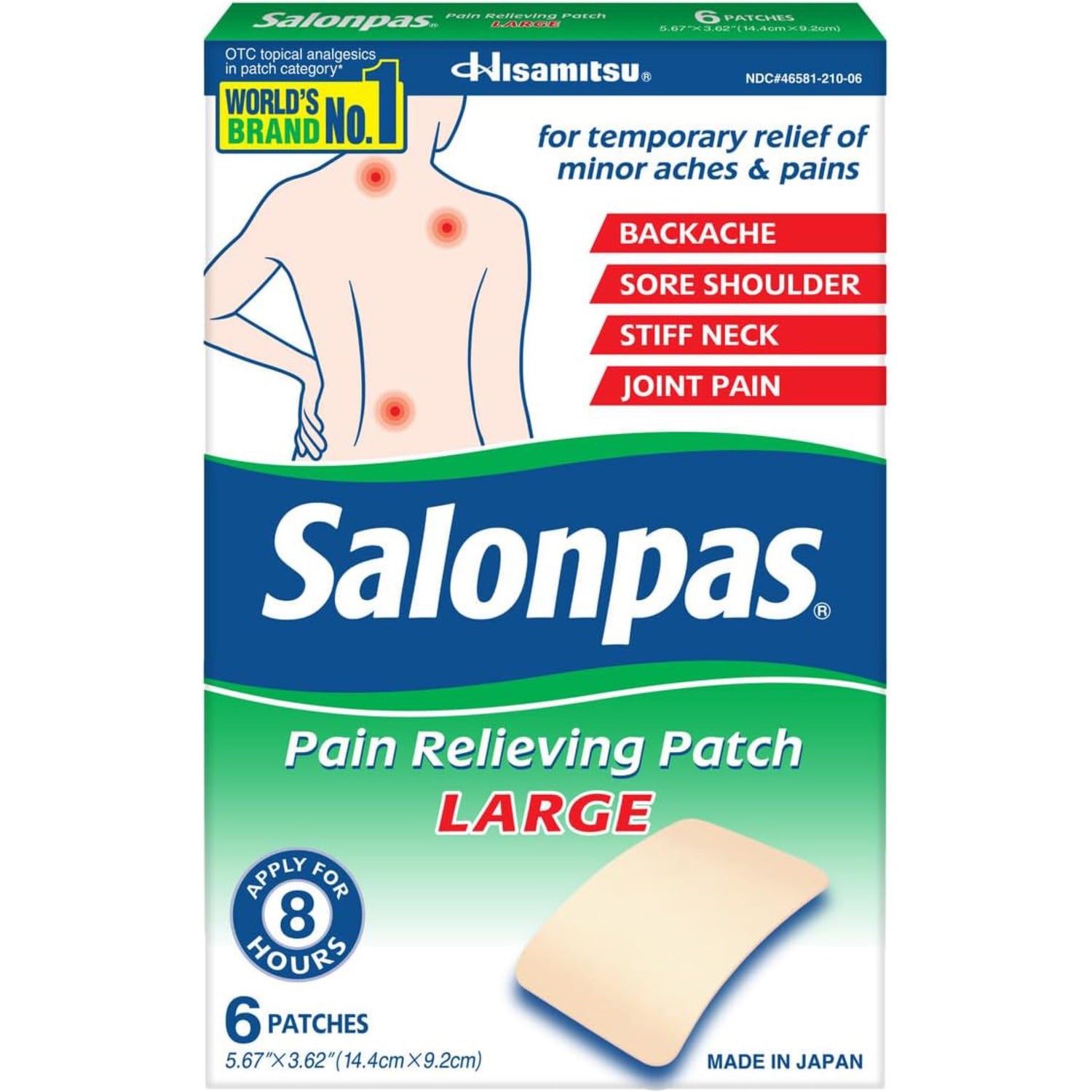 Salonpas Pain Relieving Patch, LARGE, 6 Count, for Back, Neck, Shoulder, Knee Pain and Muscle Soreness, 8 Hour Pain Relief