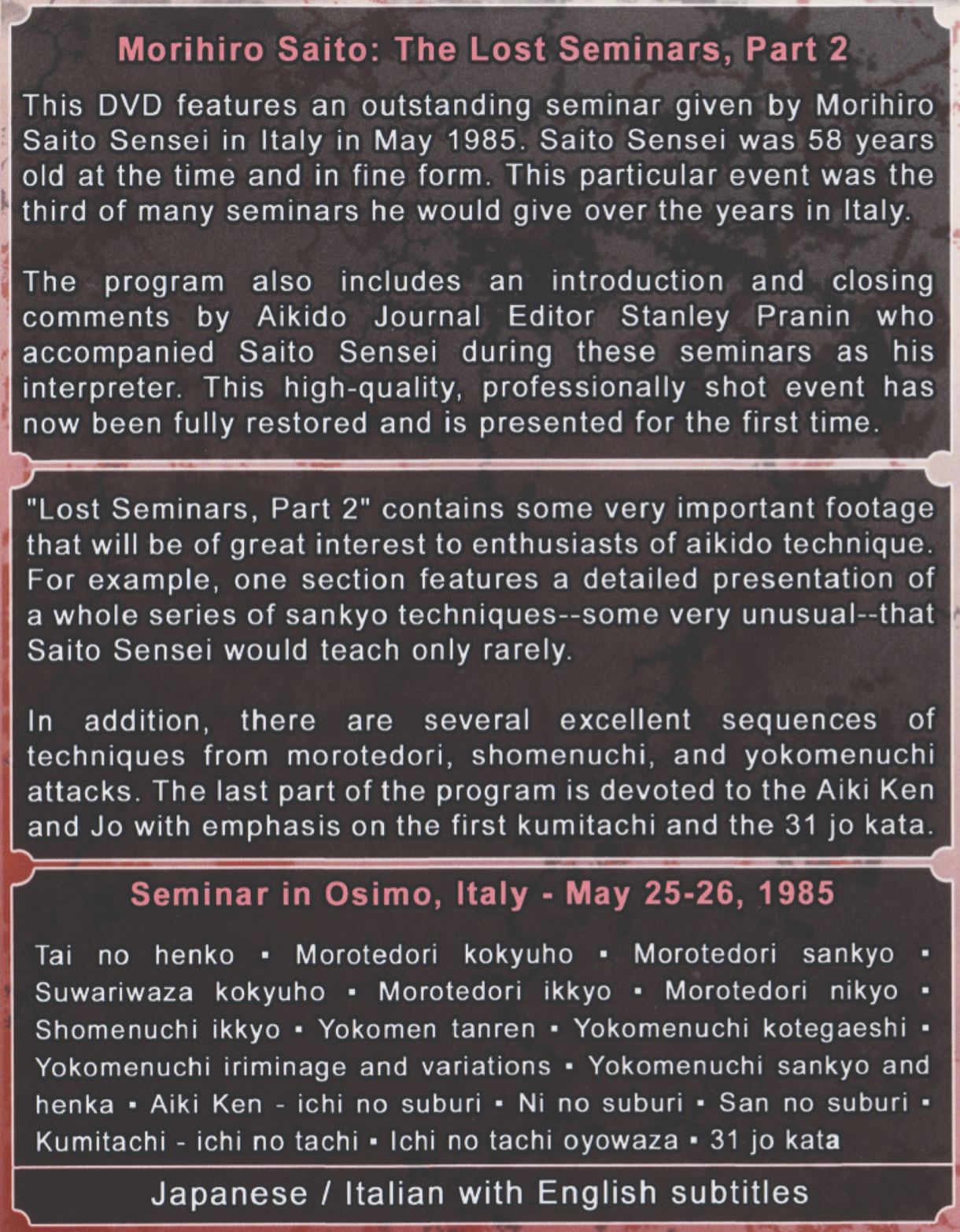 The Lost Seminars DVD 2: Italy 1985 by Morihiro Saito