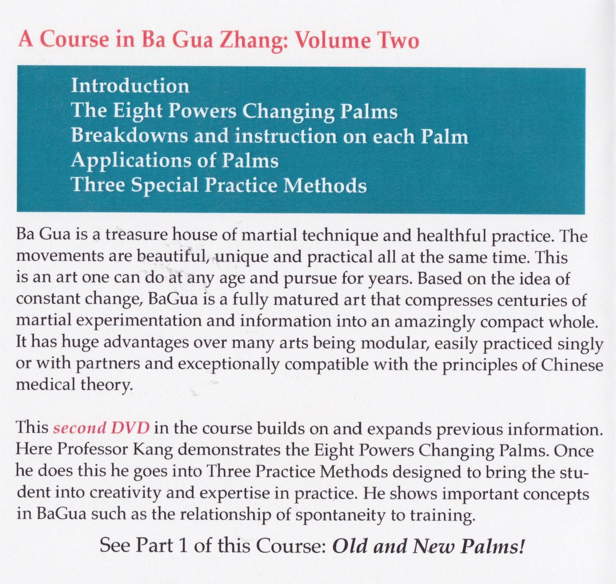 A Course in Bagua Vol 2: Eight Powers Changing Palms DVD by Kang Ge-Wu