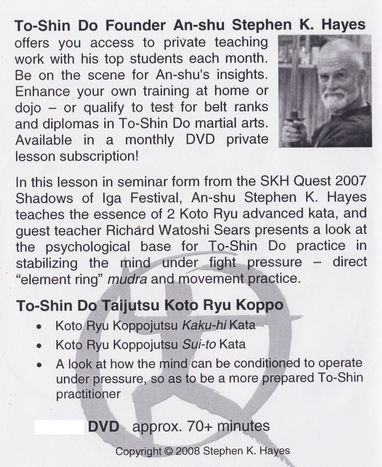 Koto Ryu Koppo Chuden Kata Kaku-hi & Sui-to DVD with Stephen Hayes (Preowned)