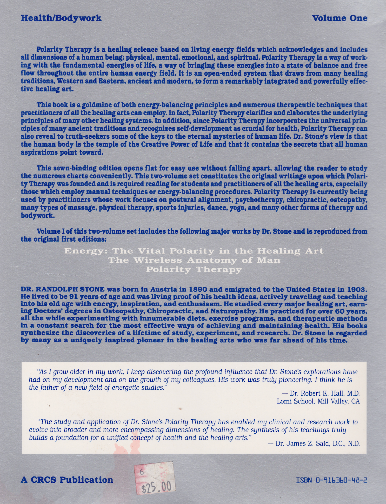 Polarity Therapy The Complete Collected Works Vol 1 Book by Randolph Stone (Preowned)