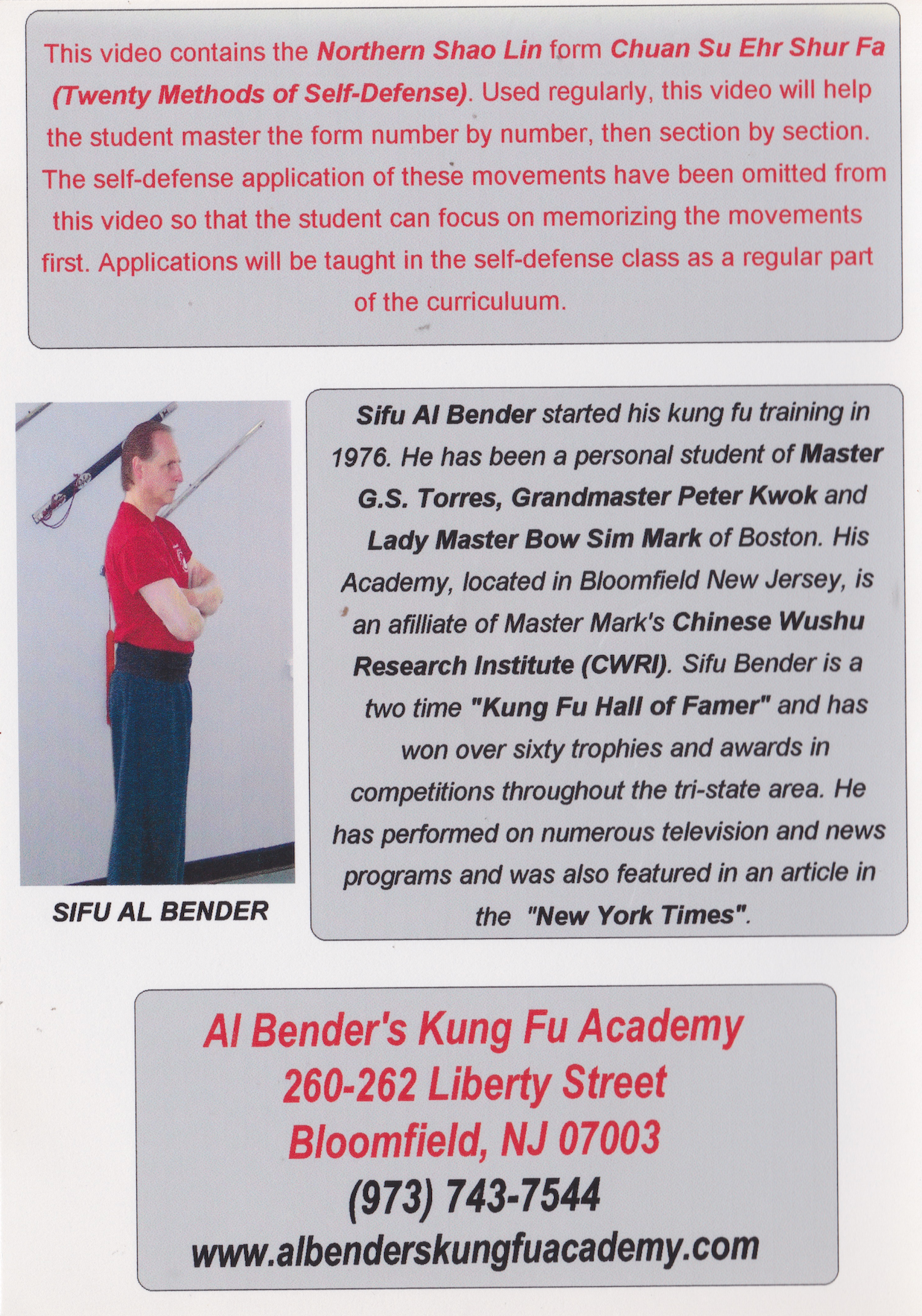 Chuan Su Ehr Shur Fa: Twenty Methods of Self-Defense DVD by Al Bender (Preowned)