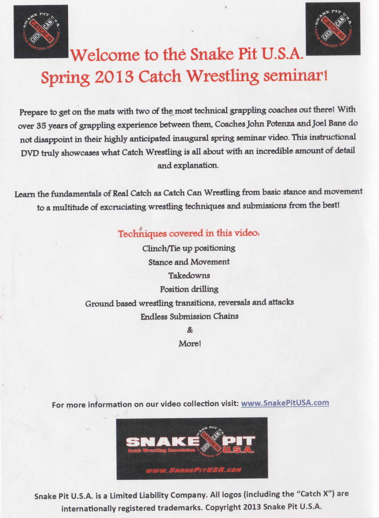 Snake Pit USA Catch Wrestling Seminar Spring 2013 DVD (Preowned)