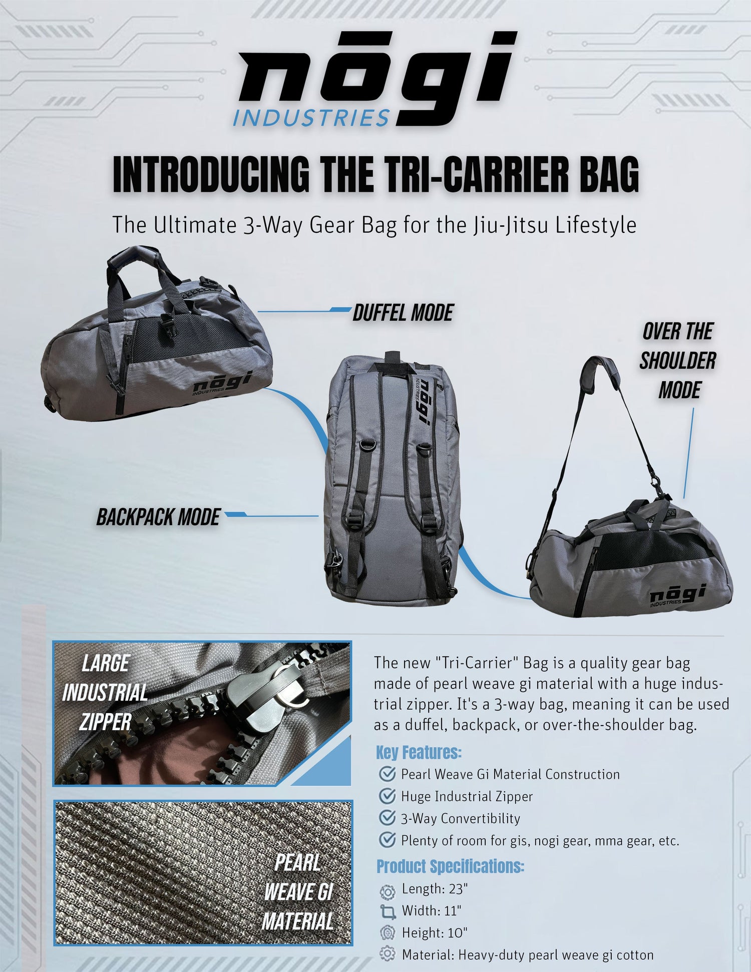 The Tri-Carrier Convertible Large Gear Bag by Nogi Industries - GRAY