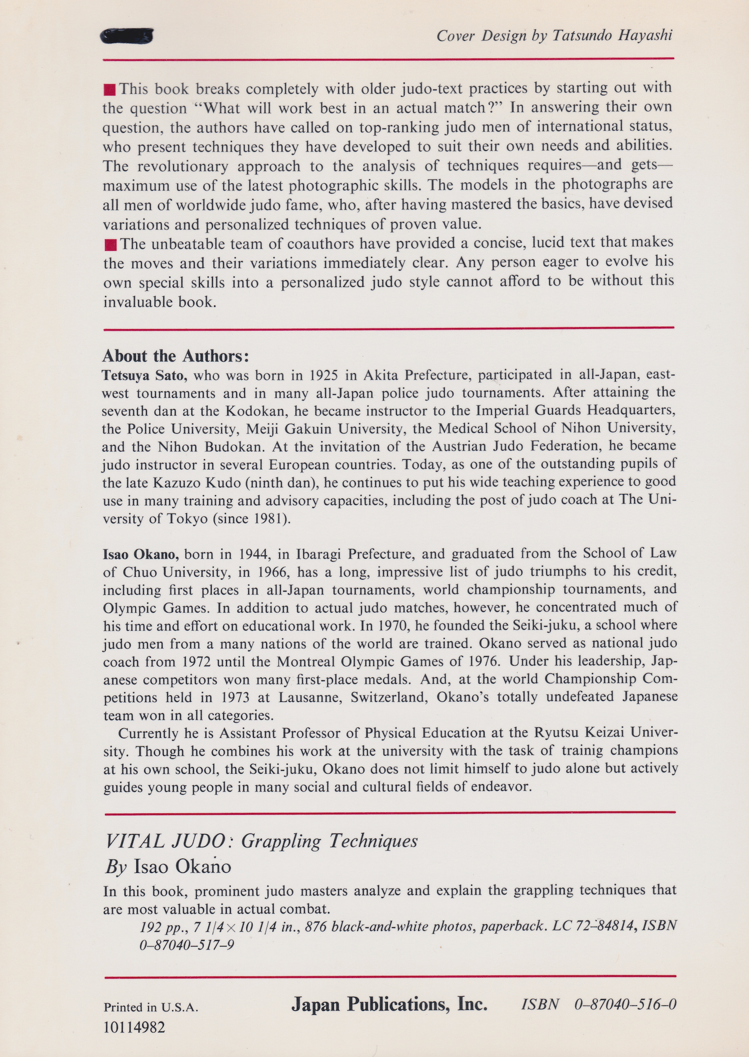 Vital Judo: Throwing Techniques Book by Tetsuya Sato & Isao Okano (Preowned)