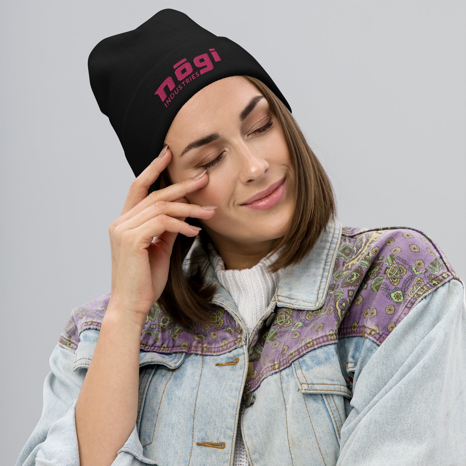 Embroidered Beanie w Puff logo (Black & Pink) by Nogi Industries