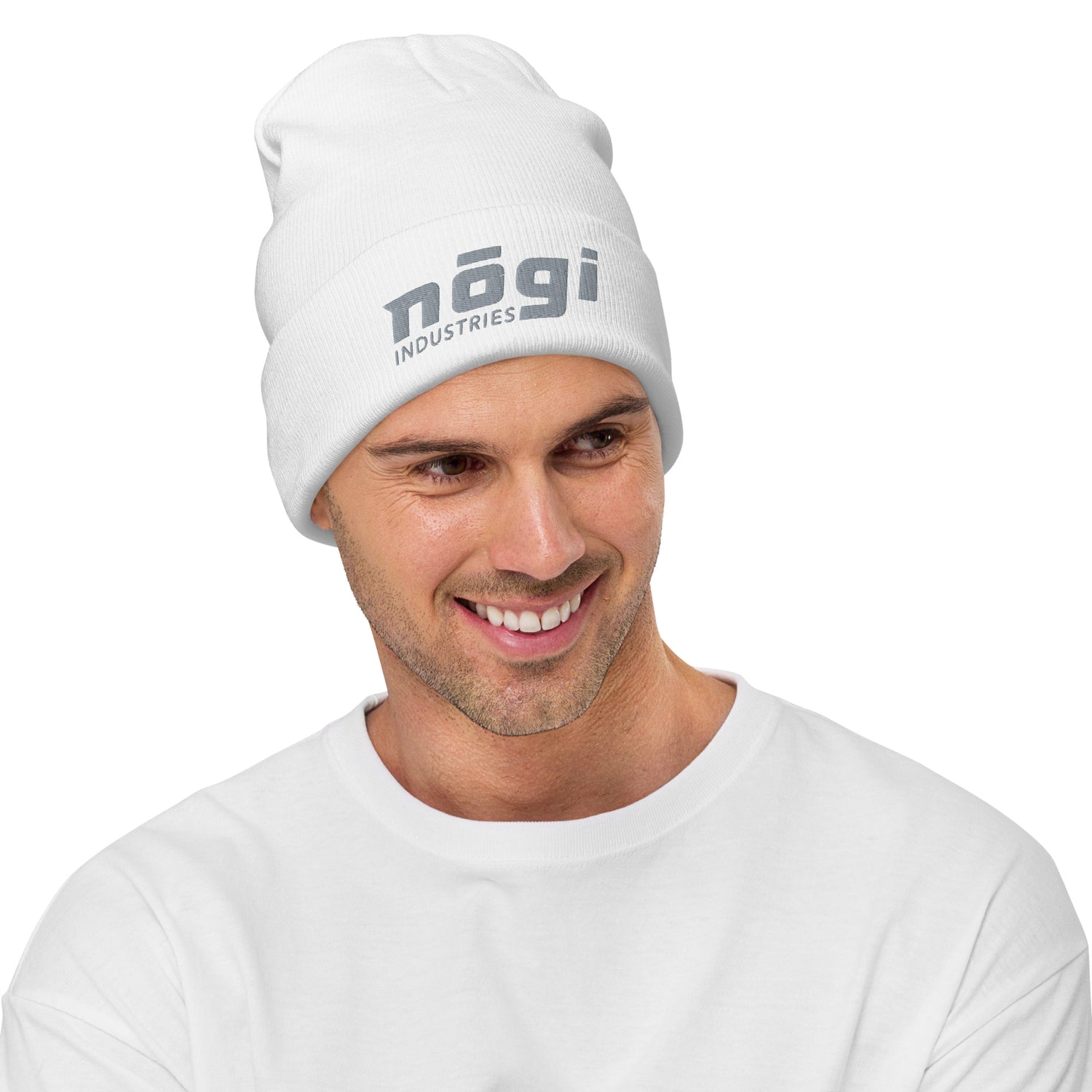 Embroidered Beanie w Puff logo (White & Gray) by Nogi Industries