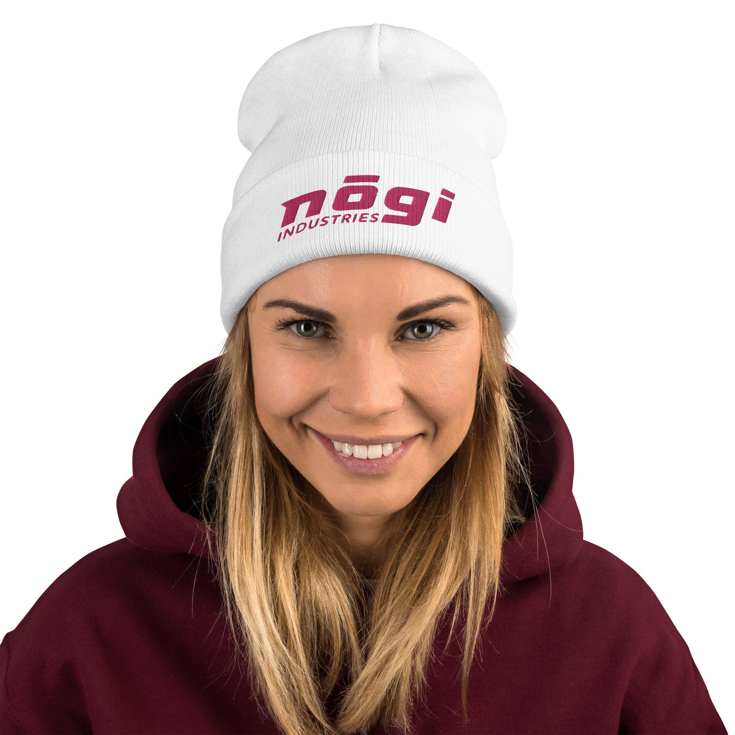 Embroidered Beanie w Puff logo (White & Pink) by Nogi Industries