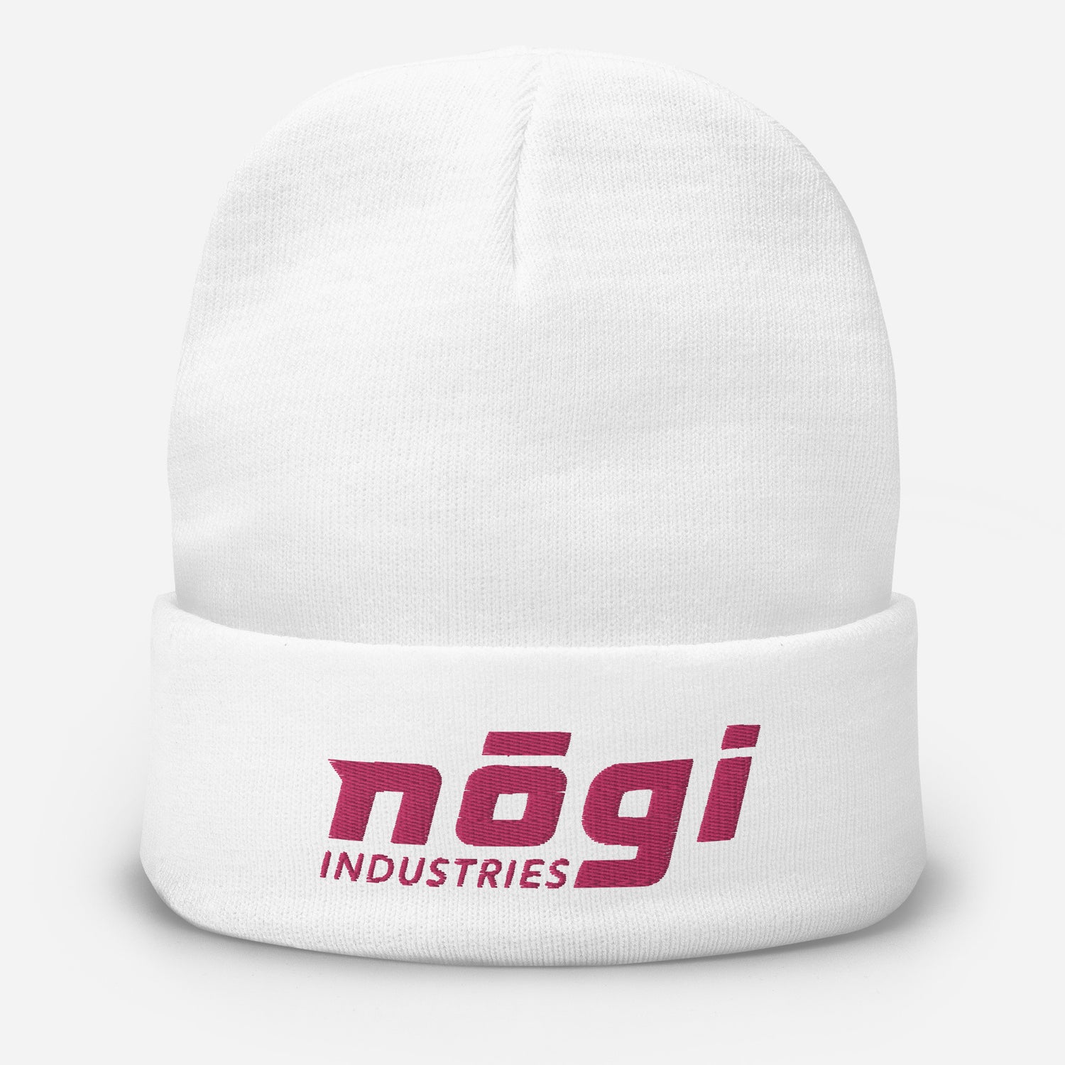 Embroidered Beanie w Puff logo (White & Pink) by Nogi Industries