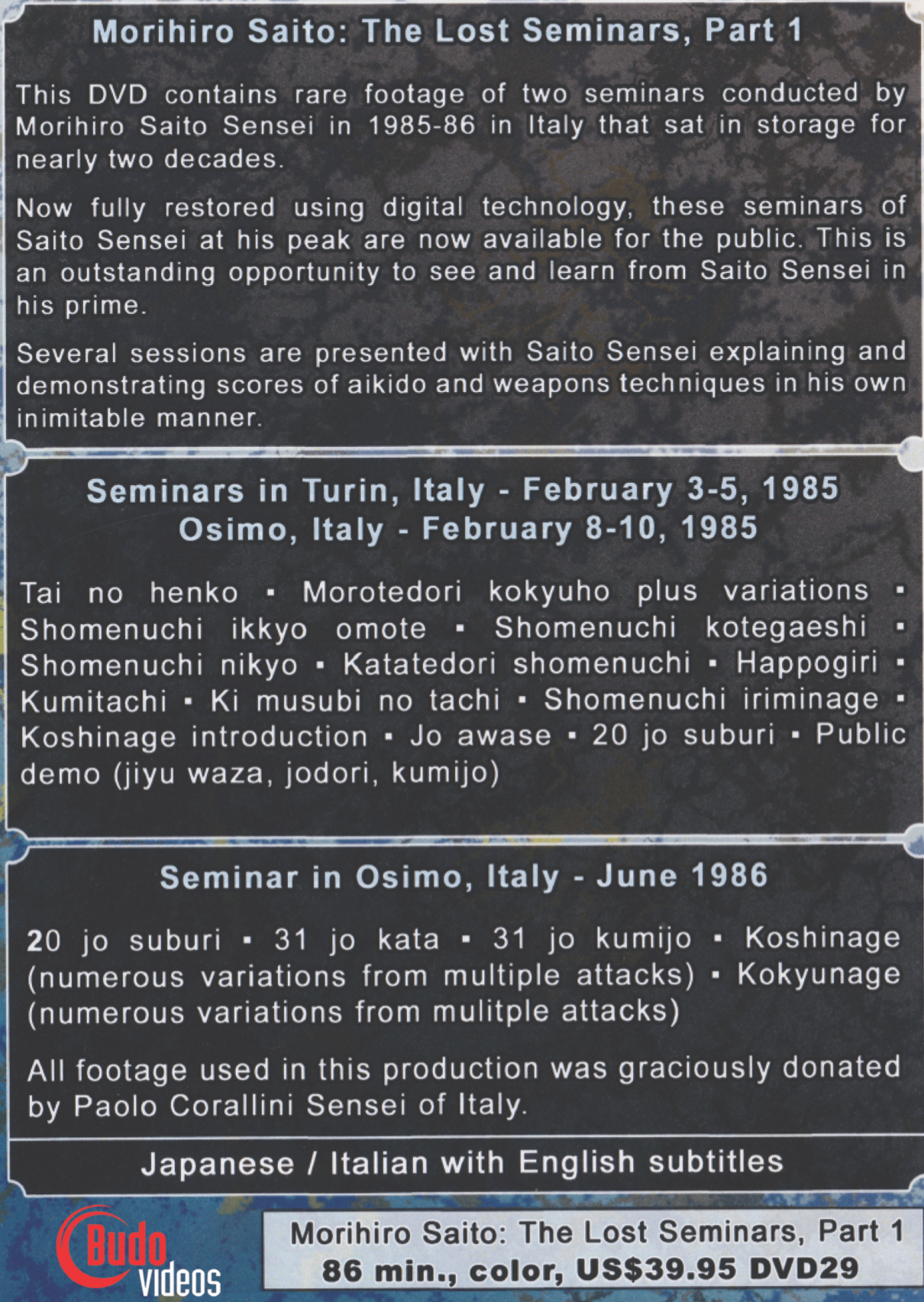 Lost Seminars 1: Italy 85 & 86 by Morihiro Saito (On Demand)