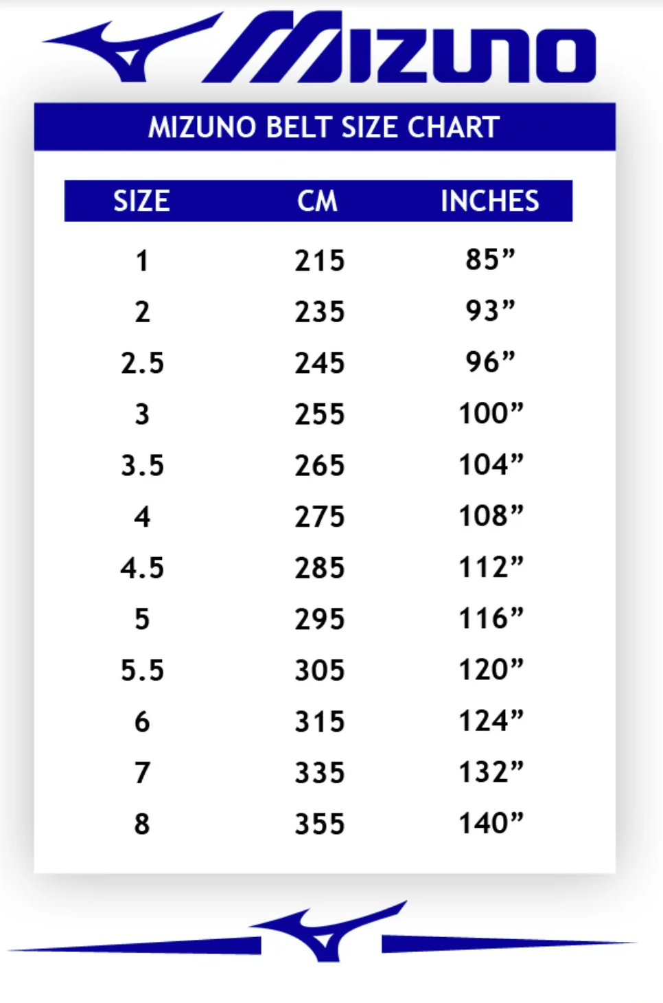 Mizuno judo belt size chart on sale