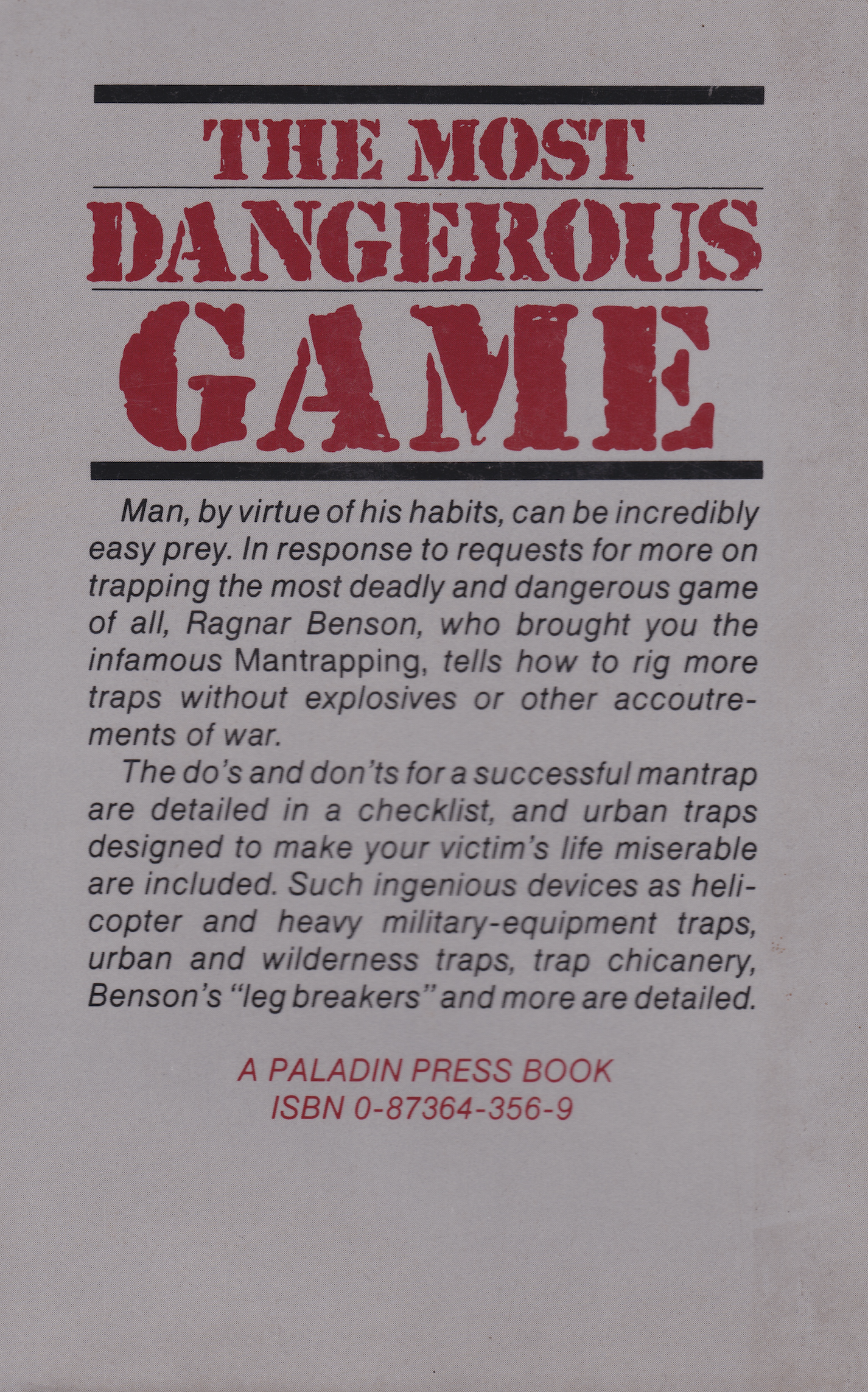 Most Dangerous Game: Advanced Mantrapping Techniques Book by Ragnar Benson (Preowned)