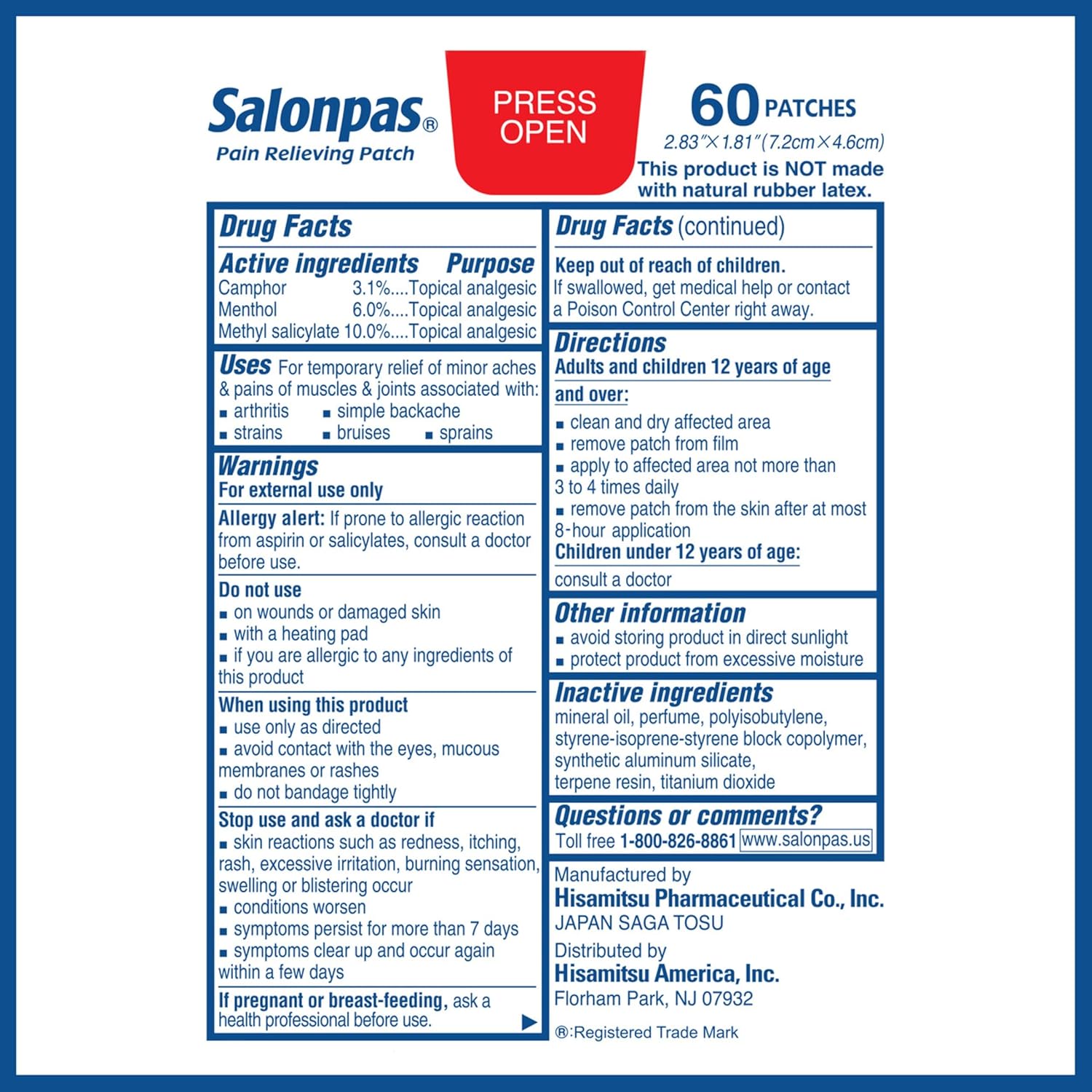 Salonpas Pain Relieving Patch for Back, Neck, Shoulder, Knee Pain and Muscle Soreness - 8 Hour Pain Relief - 60 Count