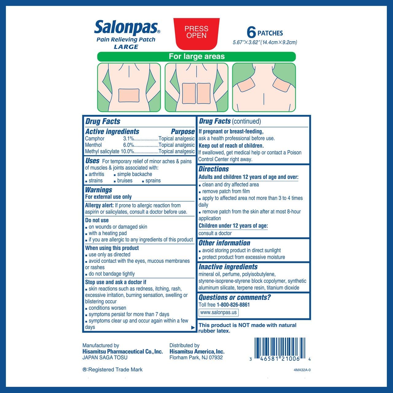 Salonpas Pain Relieving Patch, LARGE, 6 Count, for Back, Neck, Shoulder, Knee Pain and Muscle Soreness, 8 Hour Pain Relief