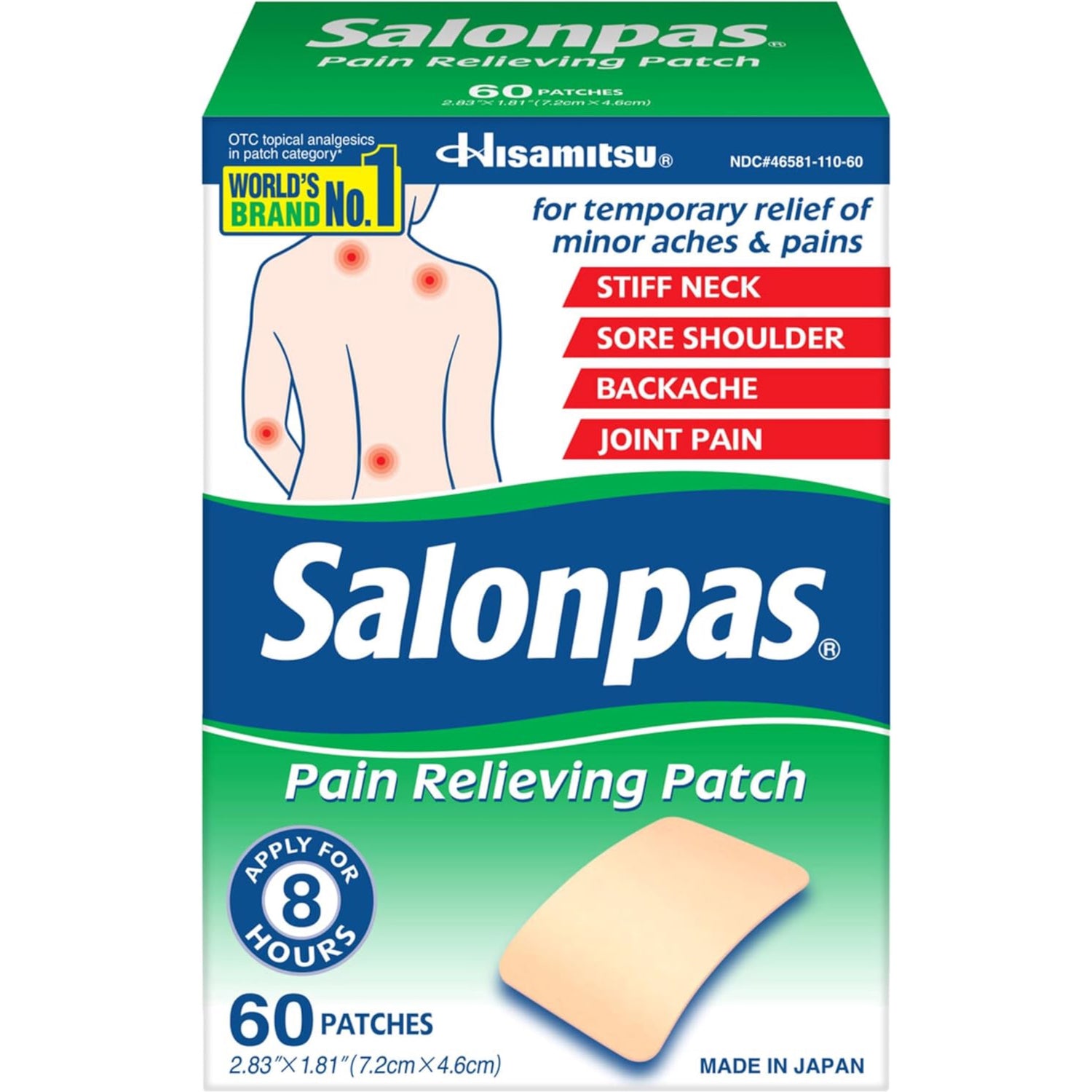 Salonpas Pain Relieving Patch for Back, Neck, Shoulder, Knee Pain and Muscle Soreness - 8 Hour Pain Relief - 60 Count