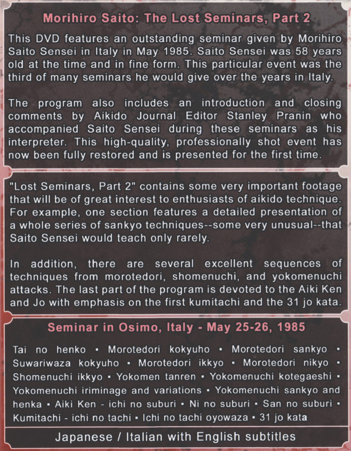Lost Seminars 2: Italy 1985 by Morihiro Saito (On Demand)