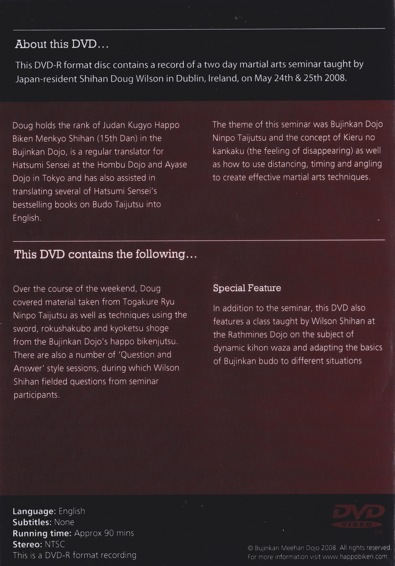 Bujinkan Dojo Ninpo Taijutsu Dublin 2008 Seminar DVD by Doug Wilson (Preowned)