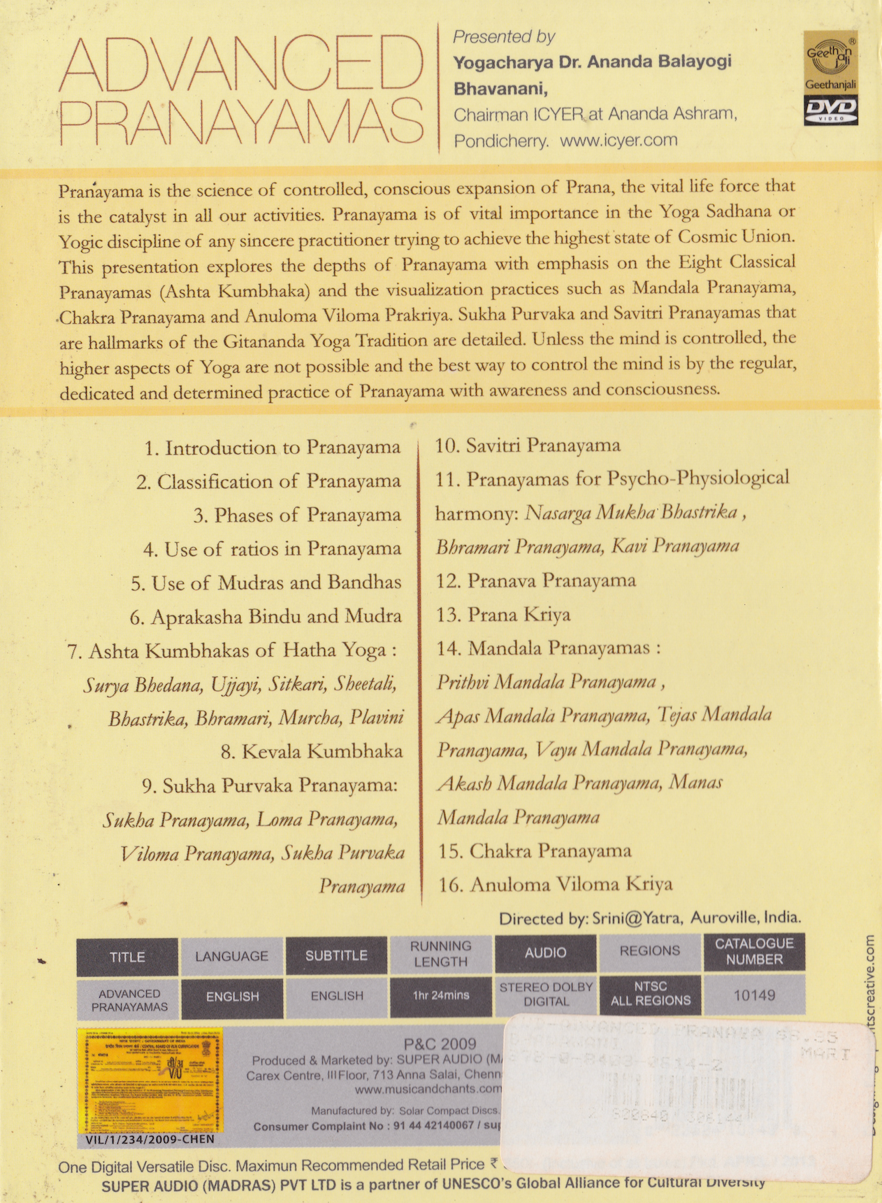 Advanced Pranayamas DVD by Ananda Balayogi Bhavanani (Preowned)