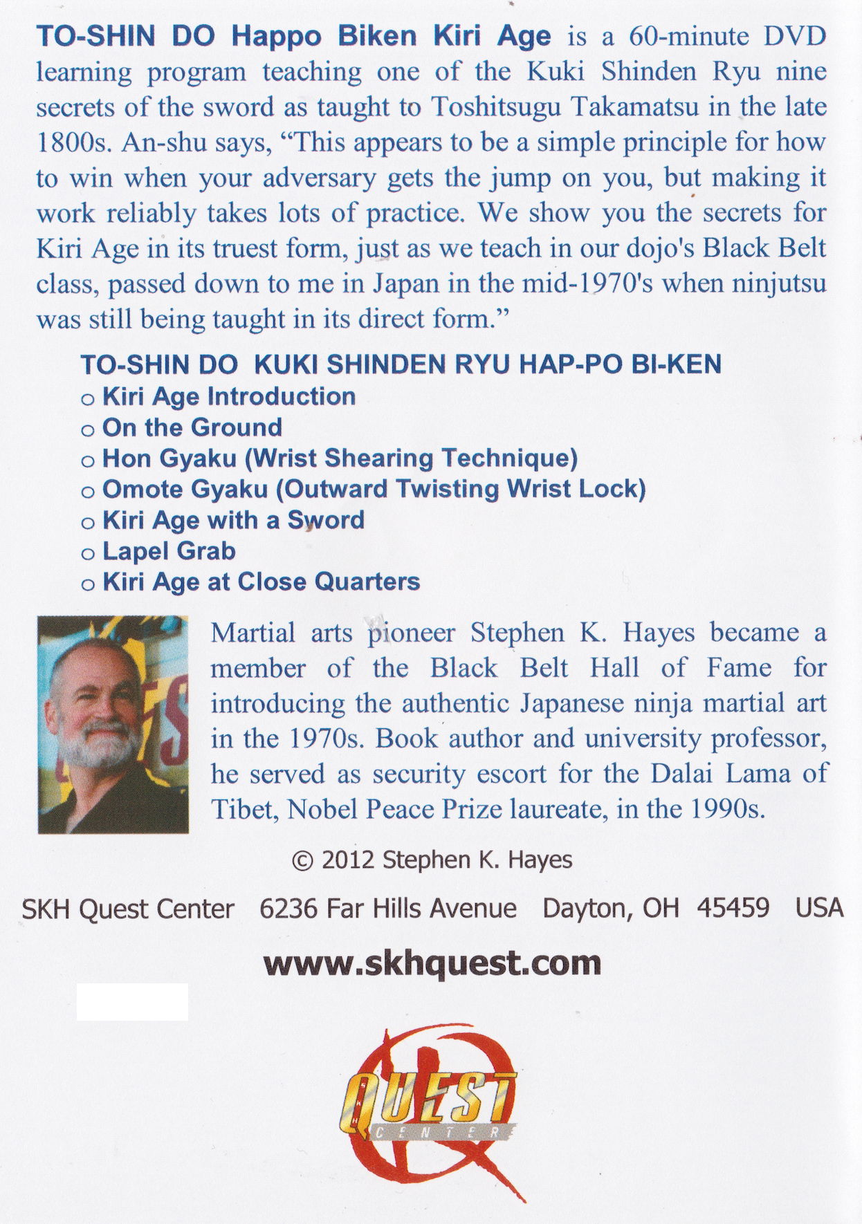To-Shin Do Kuki Shinden Ryu Happo Biken Kiri Age DVD with Stephen Hayes