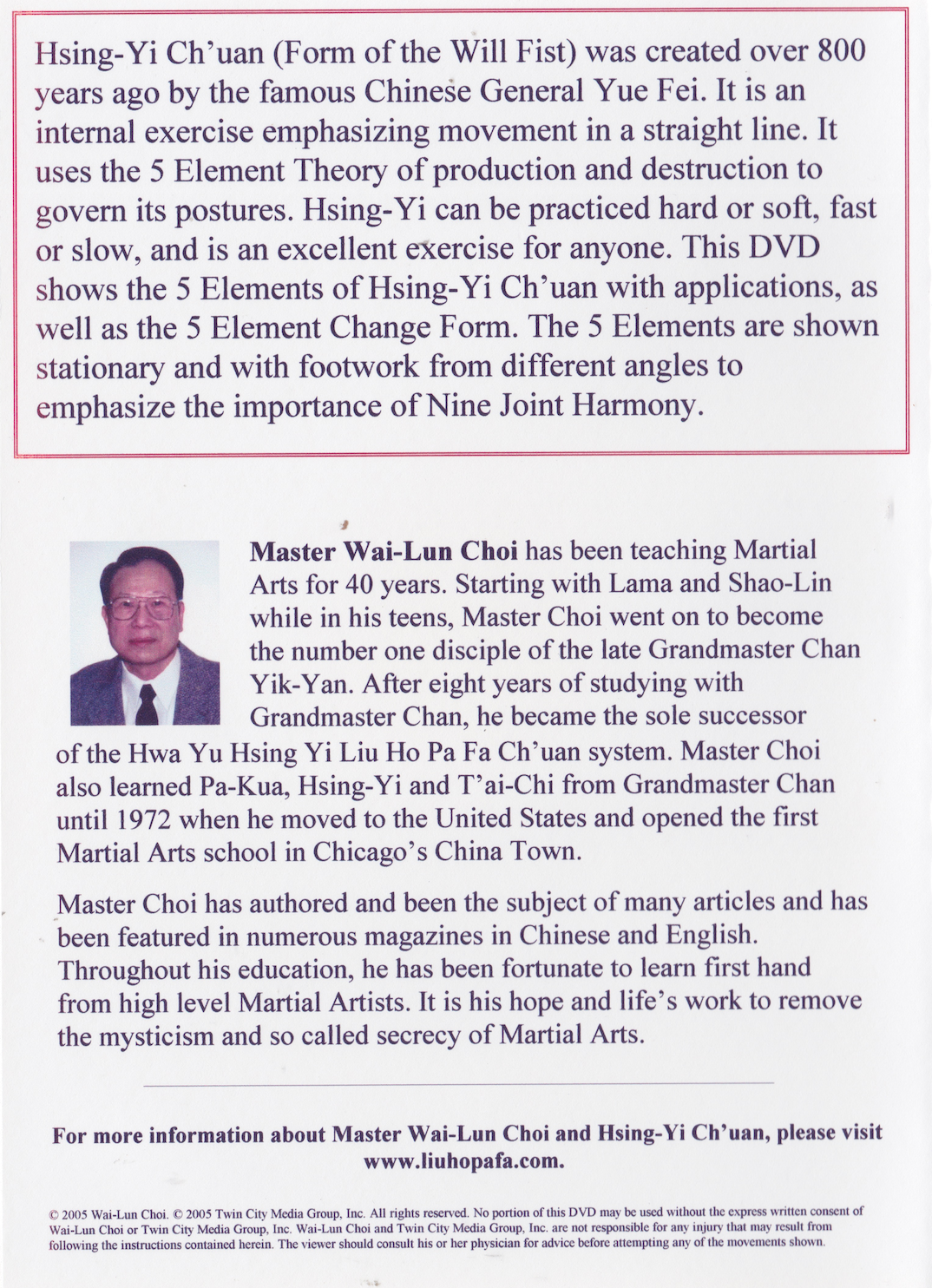 Hsing Yi Chuan Vol 1: 5 Elements and the 5 Element Change Form DVD by Wai-Lun Choi (Preowned)