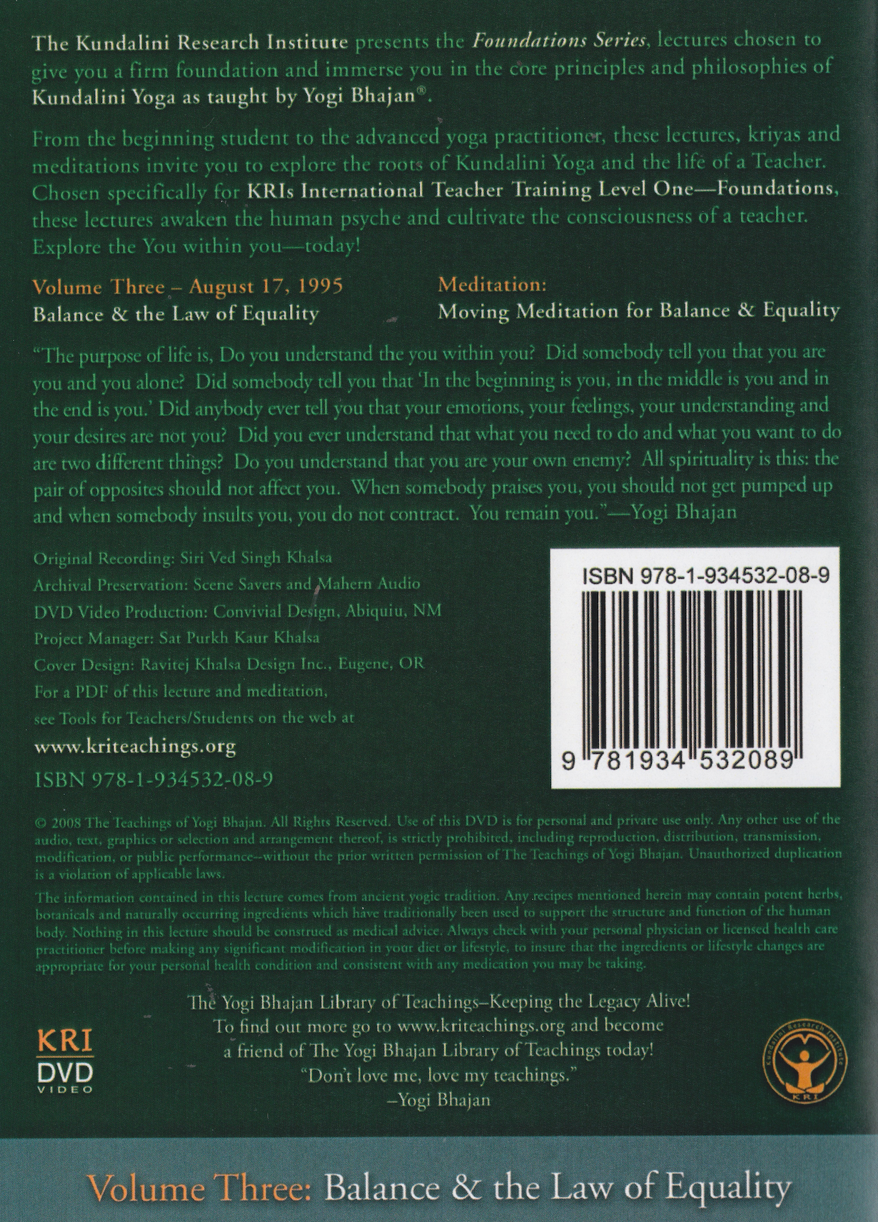 Foundations: An Experience with Yogi Bhajan DVD 3: Balance & the Law of Equality