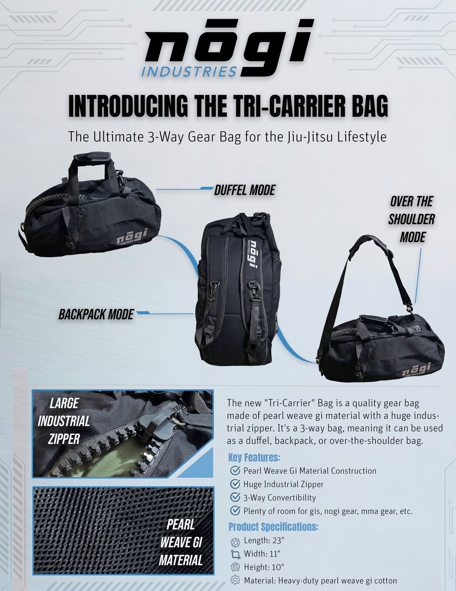 The Tri-Carrier Convertible Large Gear Bag by Nogi Industries - BLACK