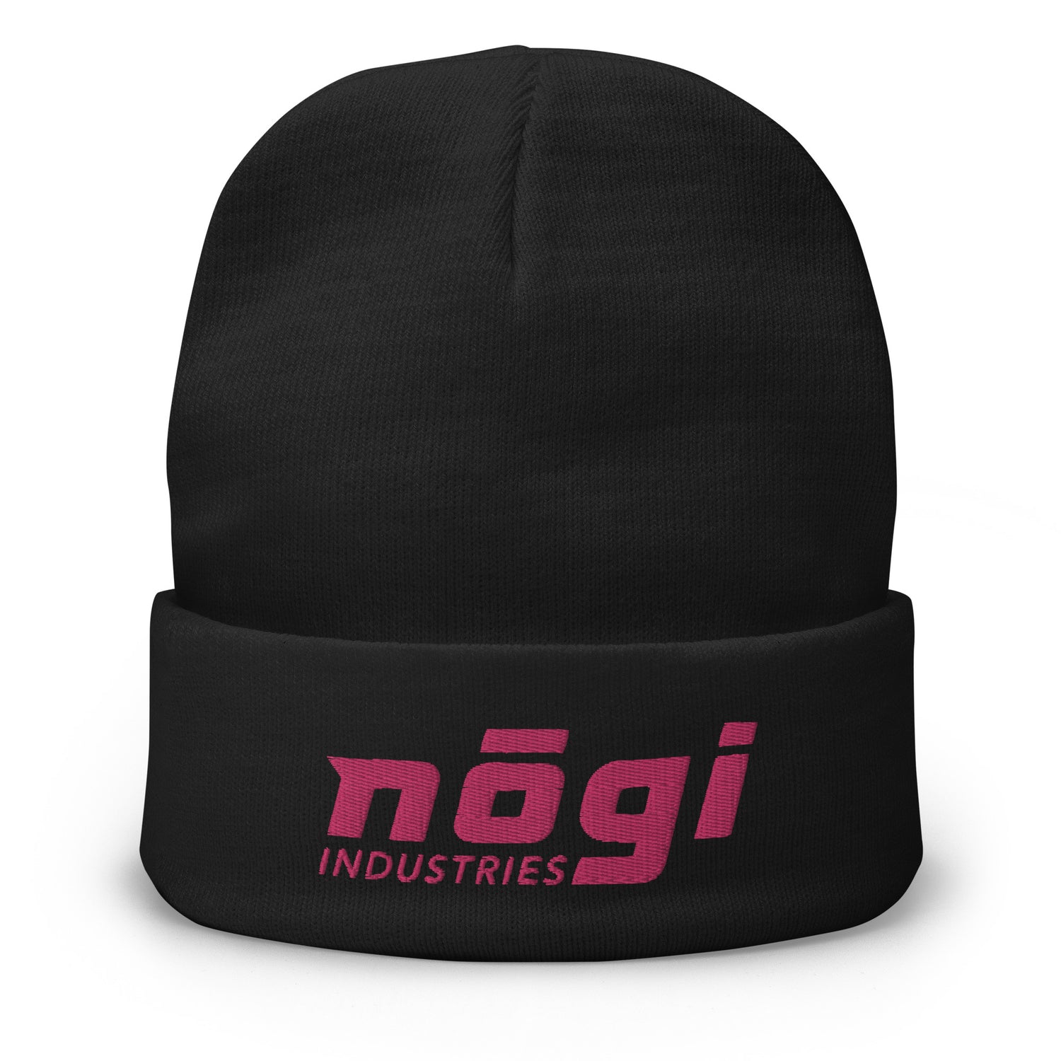 Nogi Industries のパフロゴ付き刺繍ビーニー (ブラック & ピンク)