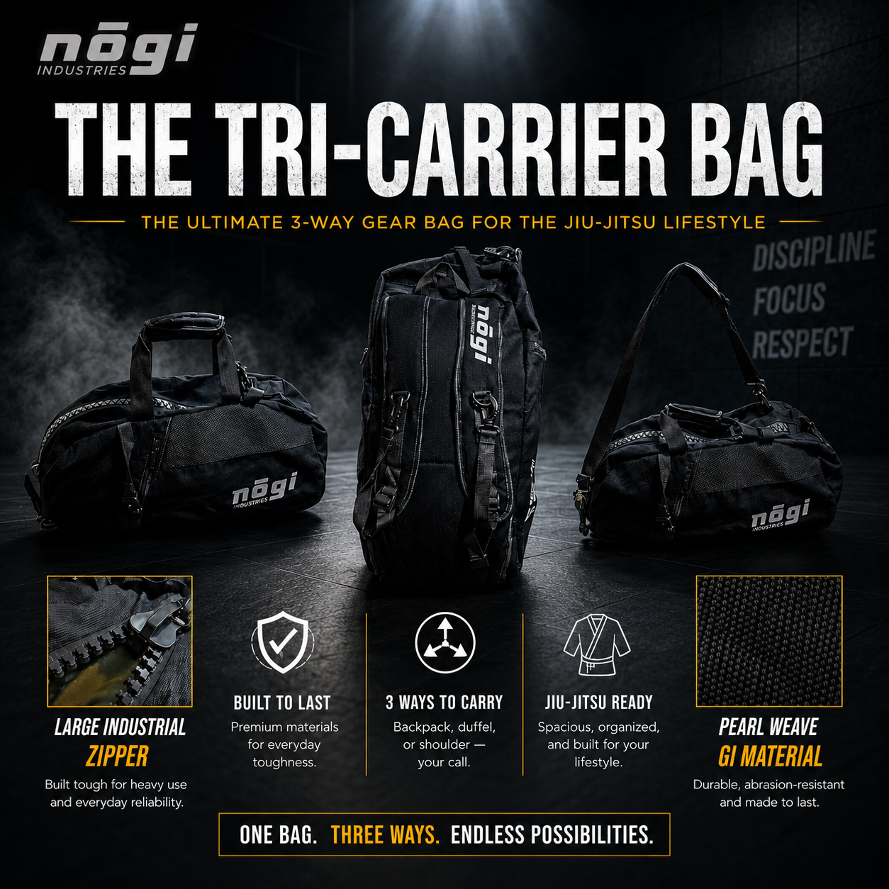 The Tri-Carrier Convertible Large Gear Bag by Nogi Industries - BLACK