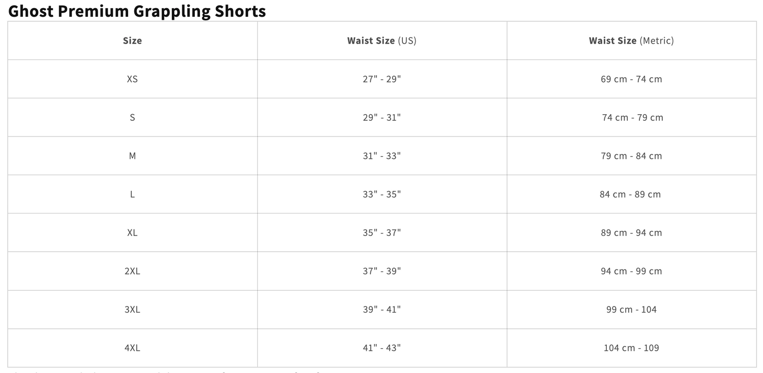 Nogi Industries Ghost Shorts Size Chart